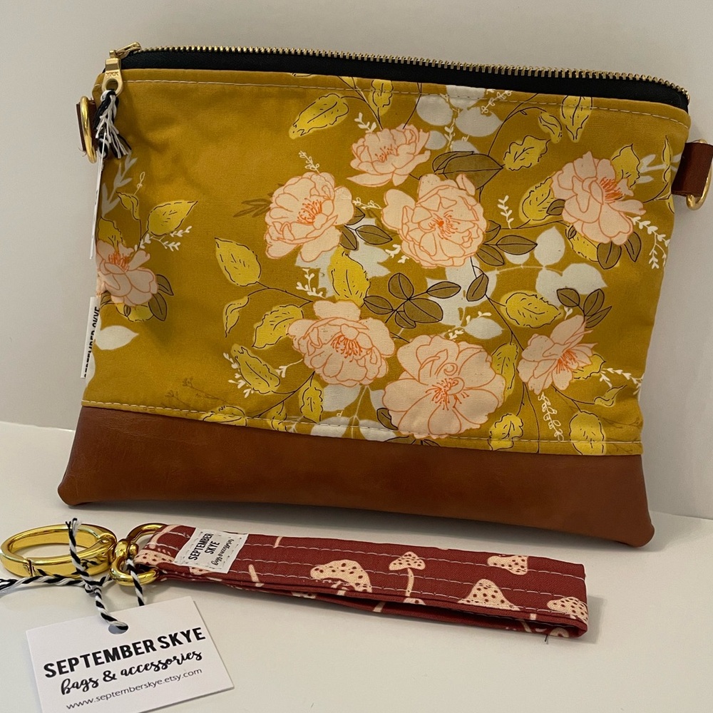 Floral Yellow and Brown Wristlet Bag